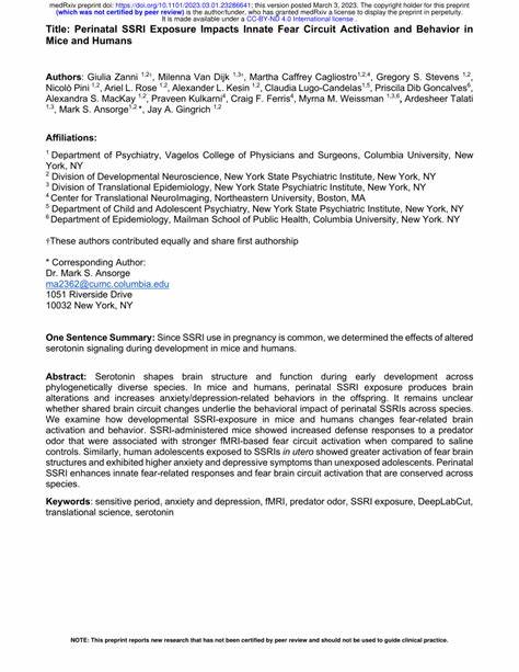 Perinatal SSRI exposure impacts fear circuit activation&behavior in mice&humans
