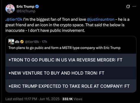 Eric Trump Denies Public Role in Tron’s Nasdaq Push Despite Ties to Deal Broker