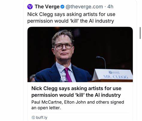 Nick Clegg says asking artists for use permission would 'kill' AI industry