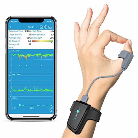 Web-linked pulse oximeter ring monitors, analyzes night-to-night sleep metrics